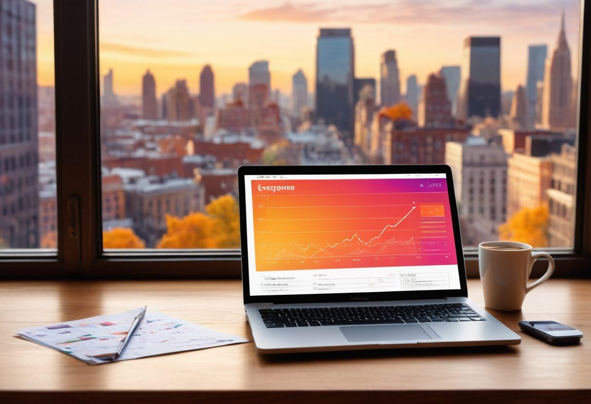 An open laptop on a wooden desk with notes scattered around, showcasing colorful graphs and a visible webpage with SEO keywords highlighted. In the background, a large window lets in natural light, revealing a vibrant cityscape symbolizing the online world. A cup of coffee sits next to the laptop, adding warmth to the scene. The image should evoke a sense of creativity and professionalism. super-realistic. bright colors. soft focus.