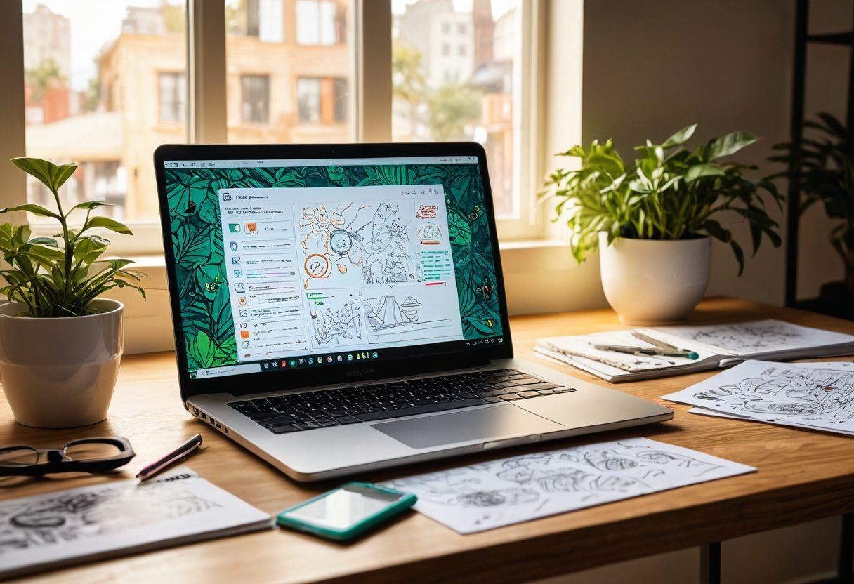 An open laptop on a wooden desk surrounded by scattered papers with scribbles and sketches, symbolizing creativity and planning. In the background, there are digital graphs and social media icons representing the digital landscape, and a plant for a touch of growth. Soft sunlight illuminates the scene to evoke an inviting atmosphere of productivity. super-realistic. vibrant colors. modern design.