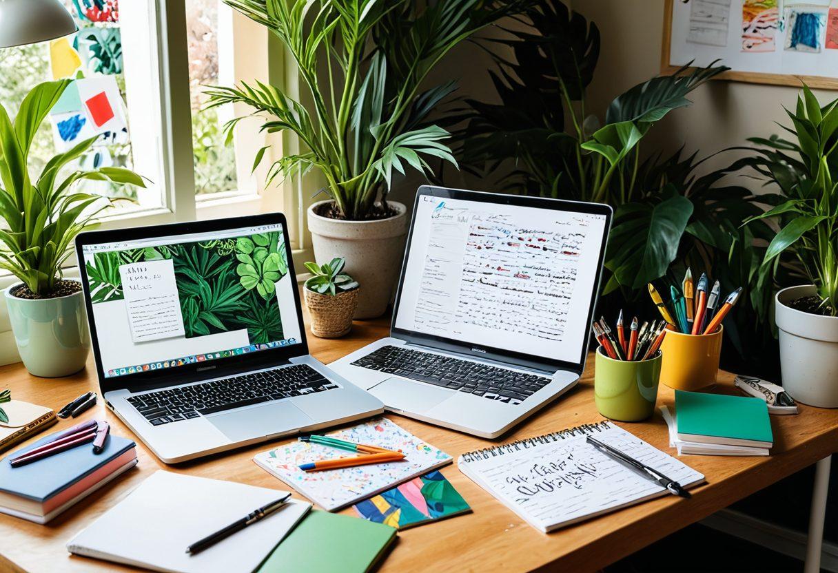 A vibrant desk scene showcasing a diverse array of creative tools: a colorful notepad, paintbrushes, and a laptop with a blog open. In the background, an inspiring collage of digital art and handwritten notes juxtaposed with nature elements like plants and sunlight. The atmosphere brimming with inspiration and energy, inviting users to explore their creative potential. bright colors. modern style. 3D.